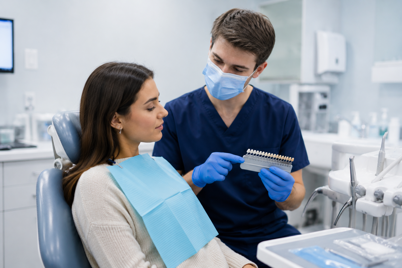 Dentist assessing a patient’s tooth shade and oral health before Teeth Whitening