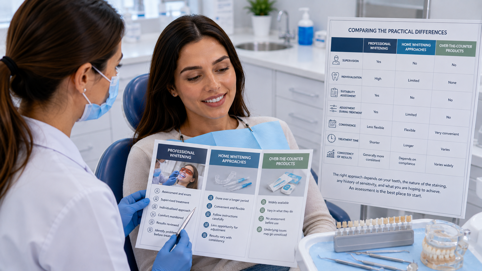 Patient maintaining teeth whitening results at home with dental hygiene routines