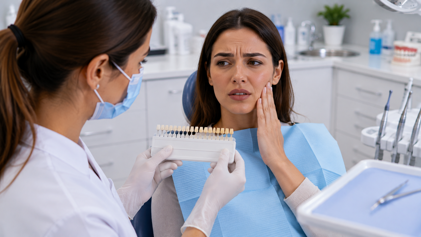 Dentist discussing sensitive teeth whitening treatment options with a patient in consultation