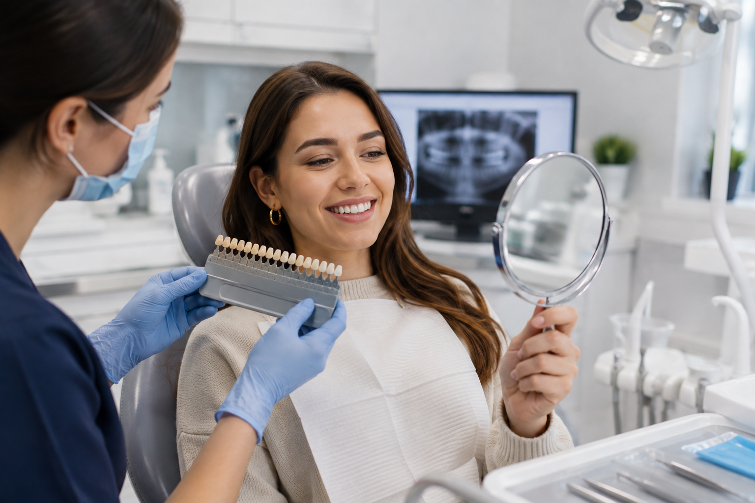 Patient reviewing tooth discoloration caused by tea and coffee stains during a dental consultation