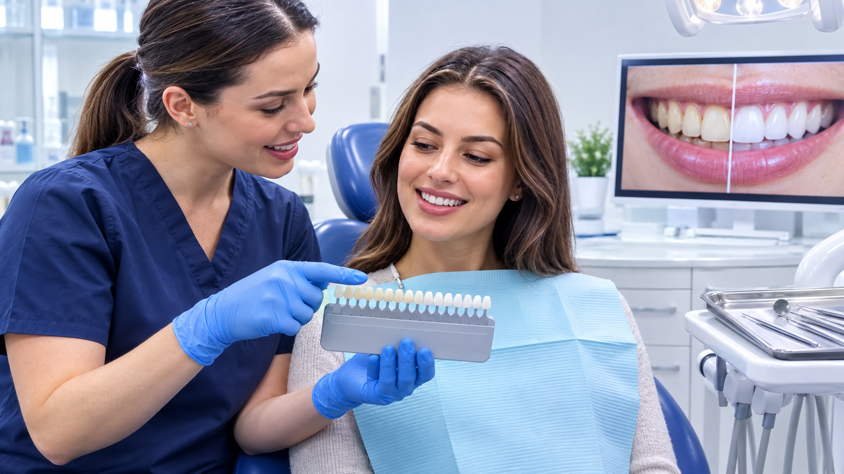 Dental professional discussing a tooth shade guide with a patient before professional Teeth Whitening treatment