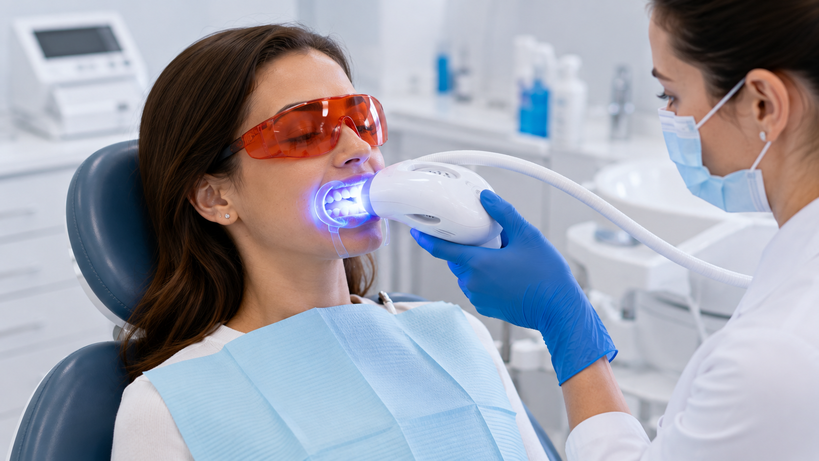 Professional whitening treatment on a patient in a dental clinic