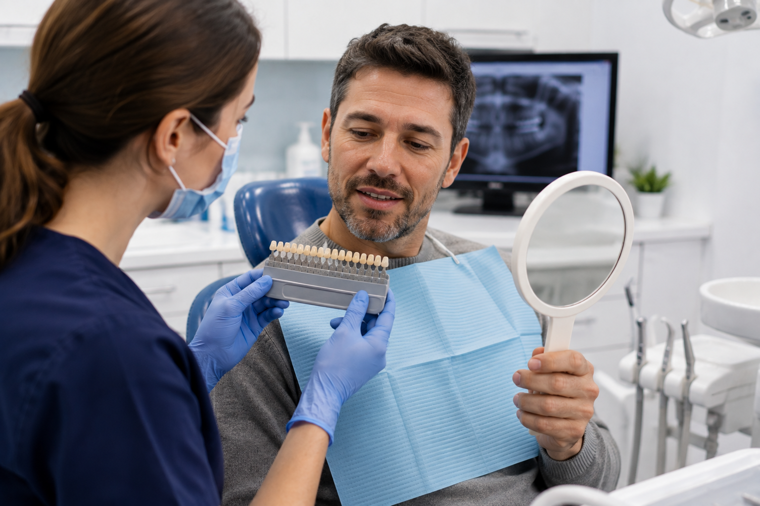 Dental consultation explaining tobacco staining and Teeth Whitening treatment planning