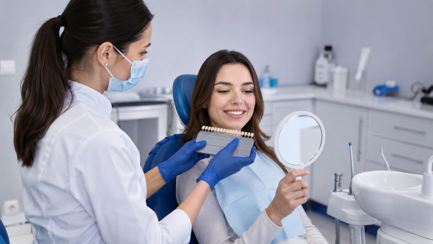 Dentist consulting with a patient about teeth whitening in clinic
