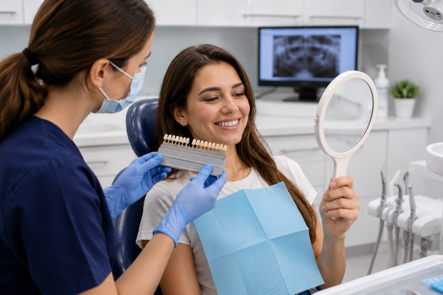 Younger adult patient discussing whitening shade options with a dentist in clinic