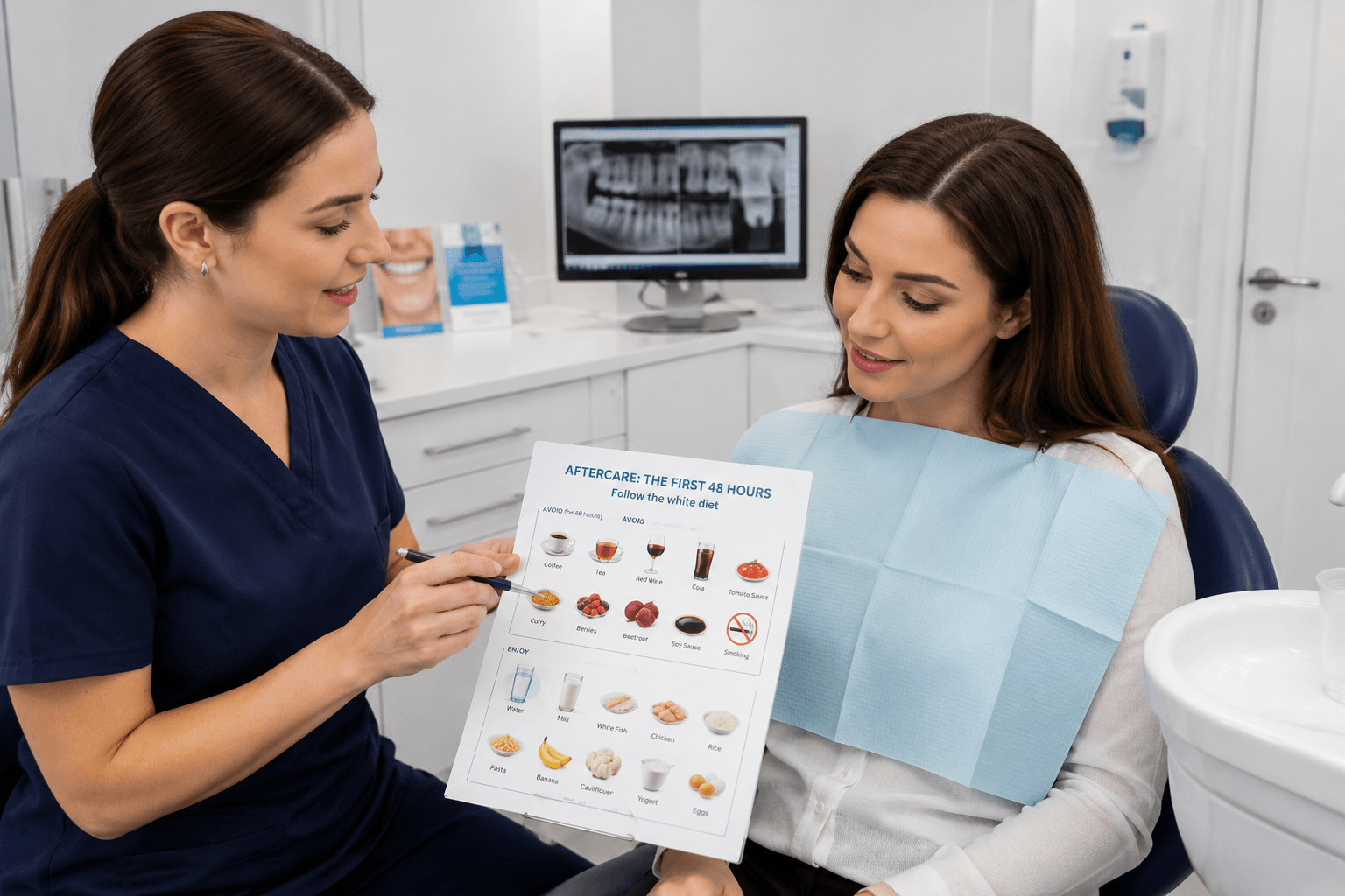 White diet food plate showing pale foods including white fish, rice, and potatoes recommended after teeth whitening treatment