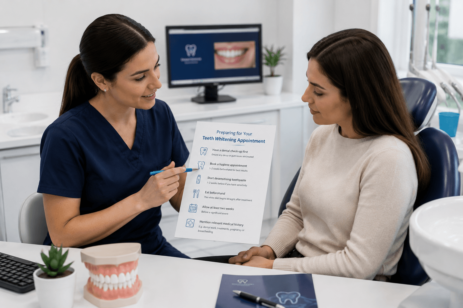 Dental shade guide being held beside natural teeth to record starting shade before professional teeth whitening treatment