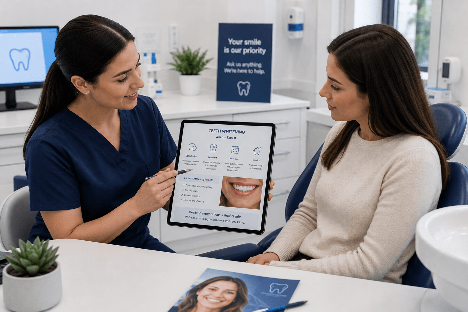 Dentist providing professional guidance and consultation for next steps after teeth whitening treatment