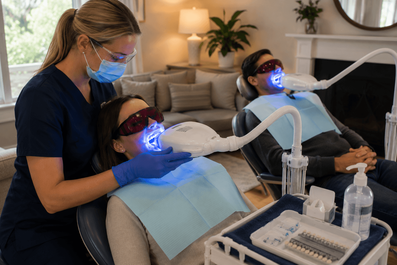 Portable teeth whitening equipment set up in a client's home living room for a convenient home visit appointment
