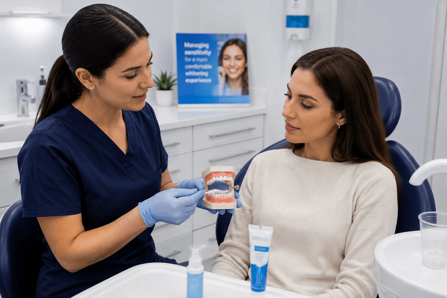Teeth sensitivity management showing desensitizing toothpaste, protective barriers, and comfortable post-treatment care