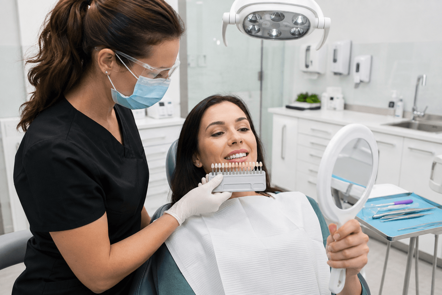 Step-by-step teeth whitening appointment showing consultation, preparation, treatment application, and final shade assessment