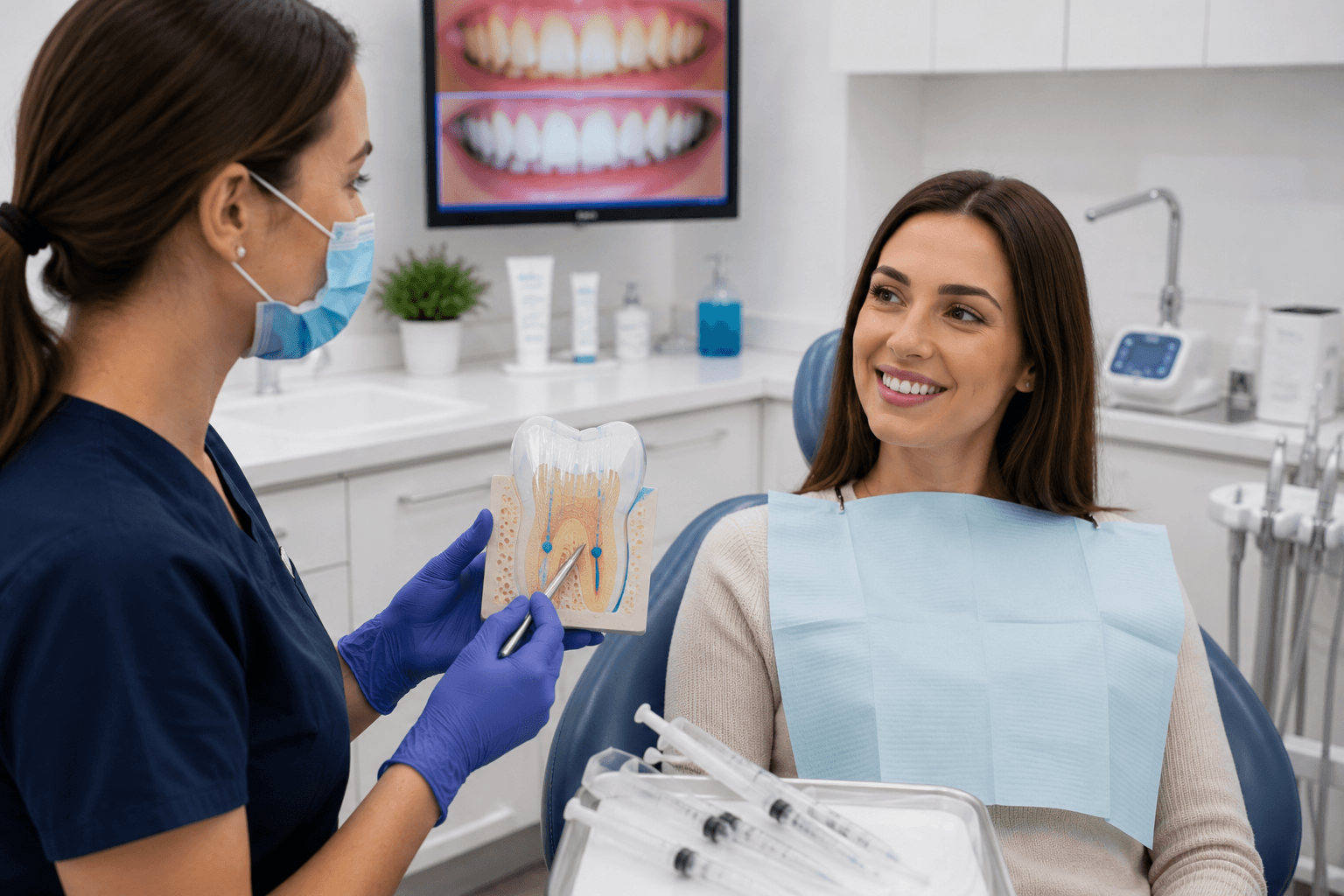 Professional whitening gel being applied to the front surfaces of teeth during a professional teeth whitening session